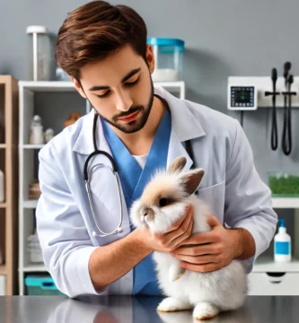 A caring veterinarian examining a fluffy rabbit in a modern veterinary clinic in San Diego. The veterinarian, wearing a white coat, is gently holding