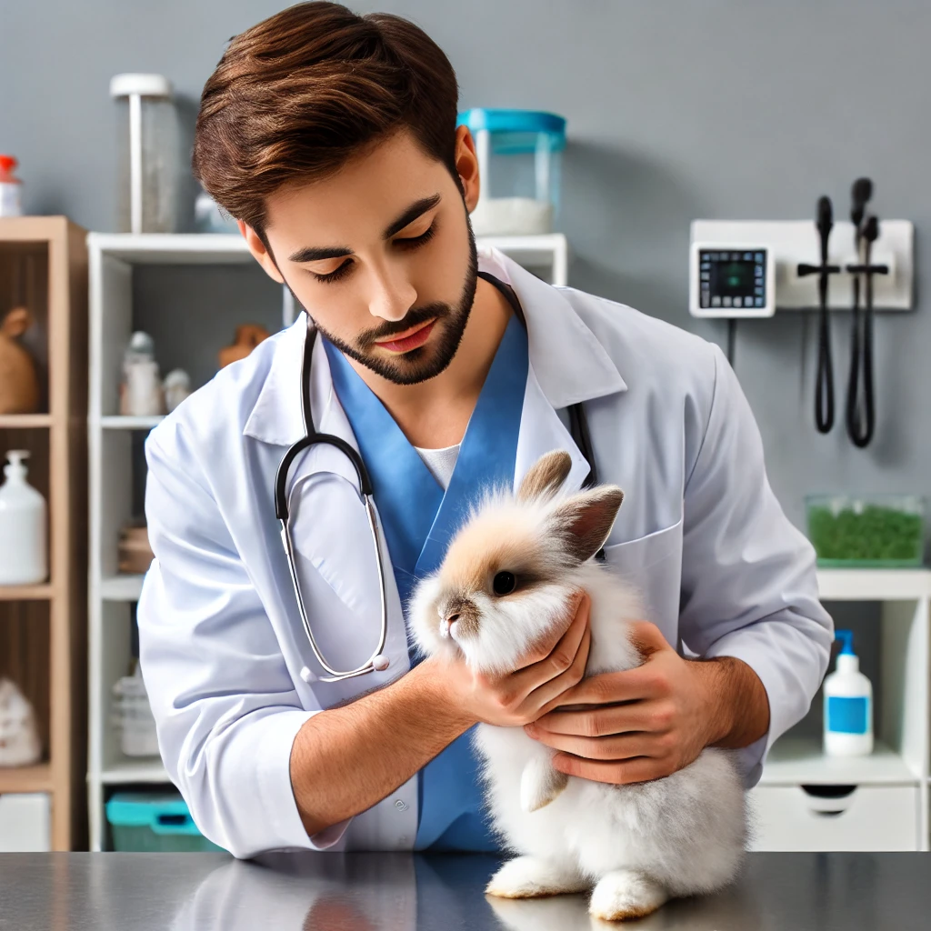 A caring veterinarian examining a fluffy rabbit in a modern veterinary clinic in San Diego. The veterinarian, wearing a white coat, is gently holding