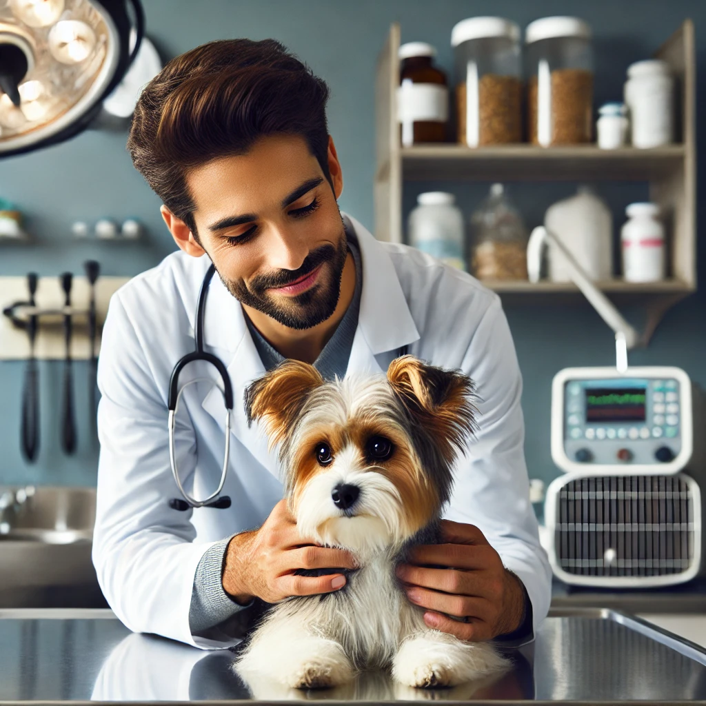 A compassionate veterinarian examining a small dog in a modern veterinary clinic in El Paso. The veterinarian wears a white coat and has a gentle smil