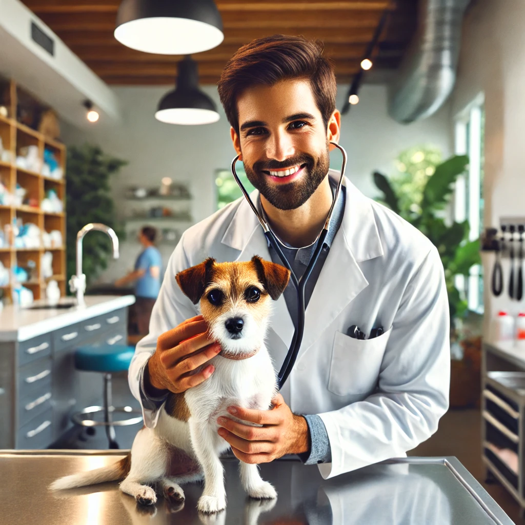 A friendly veterinarian examining a small dog in a modern veterinary clinic in Austin. The veterinarian wears a white coat and has a stethoscope aroun