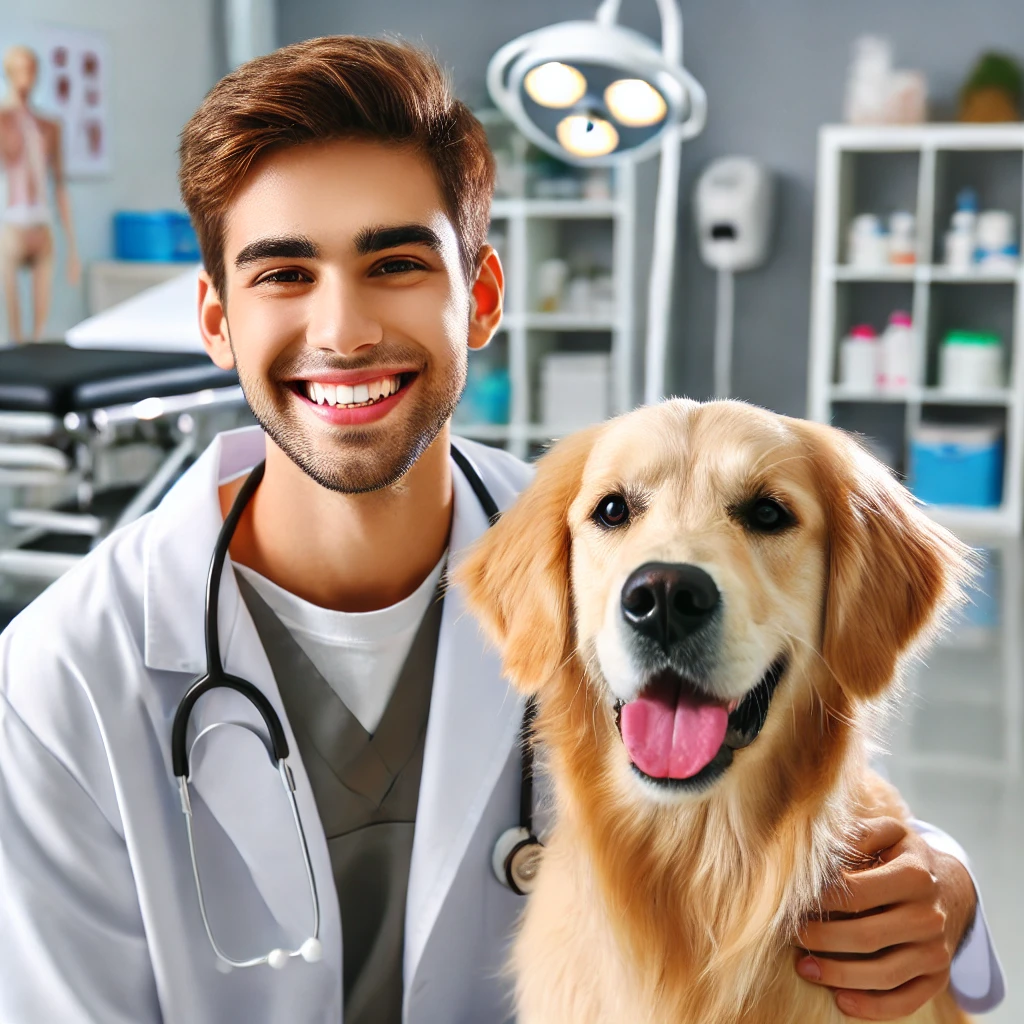 A friendly veterinarian in a modern Chicago veterinary clinic, smiling while examining a healthy, happy golden retriever. The background shows a clean