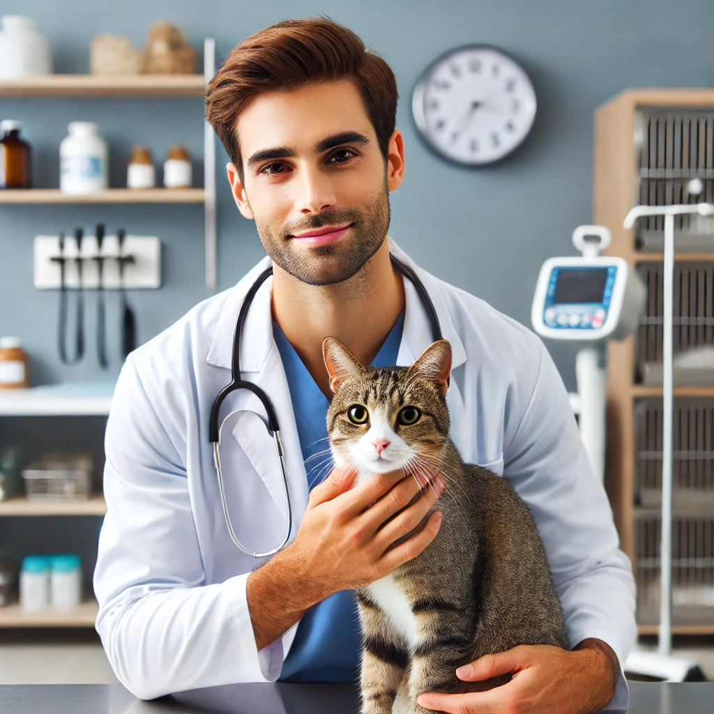 A professional veterinarian examining a calm cat in a modern veterinary clinic in Las Vegas. The veterinarian wears a white coat and has a reassuring