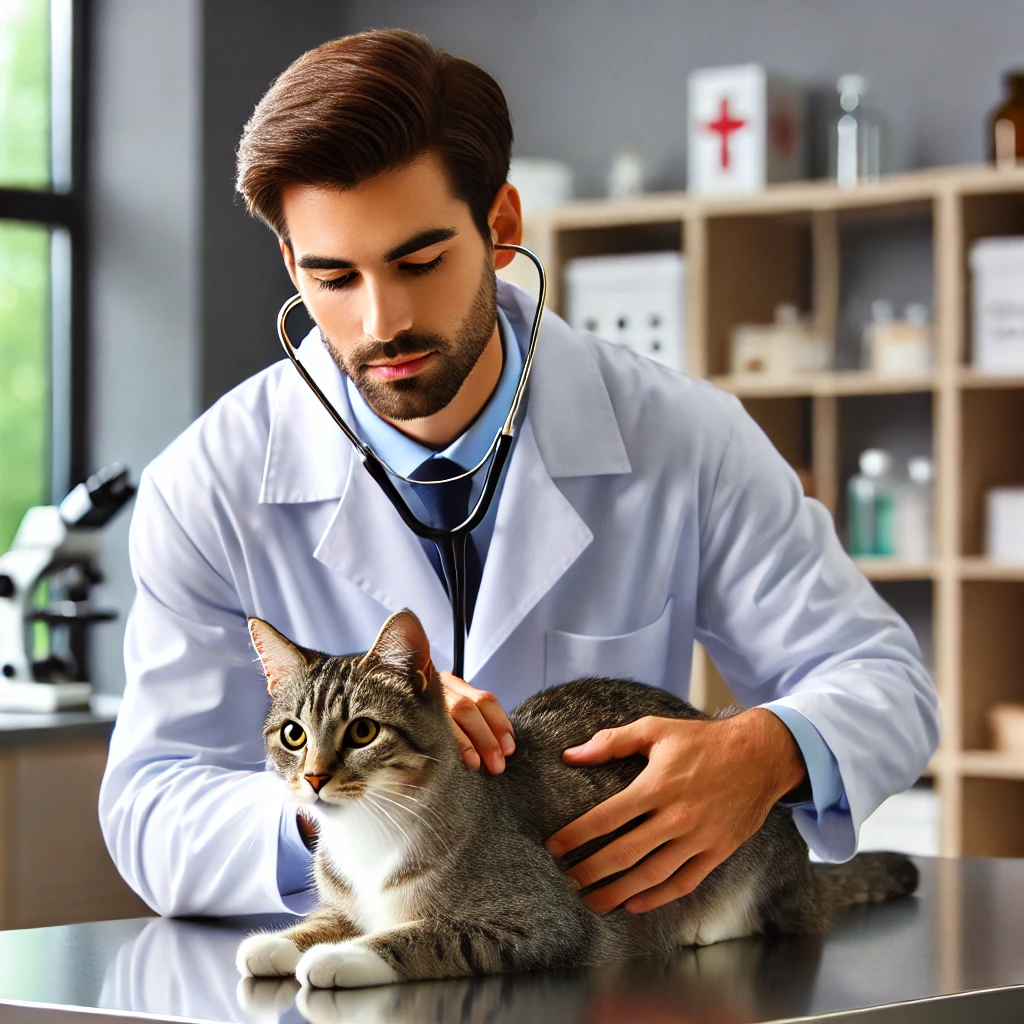 A professional veterinarian examining a calm cat in a modern veterinary clinic in Phoenix. The veterinarian wears a white coat and has a gentle, reass