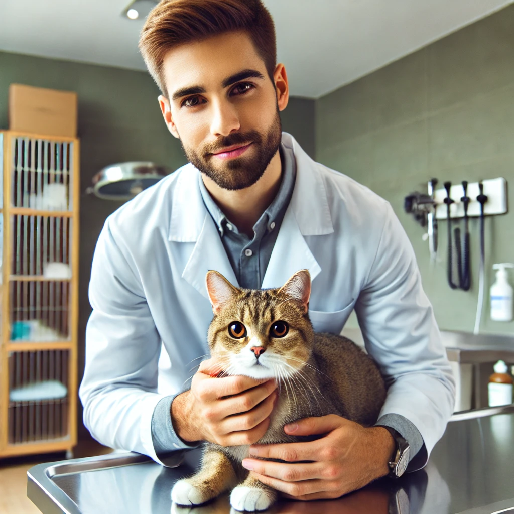 A professional veterinarian examining a calm cat in a modern veterinary clinic in San Francisco. The veterinarian wears a white coat and has a gentle,