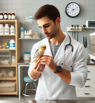 A skilled veterinarian examining a small parrot in a modern veterinary clinic in San Jose. The veterinarian, dressed in a white coat, gently holds the