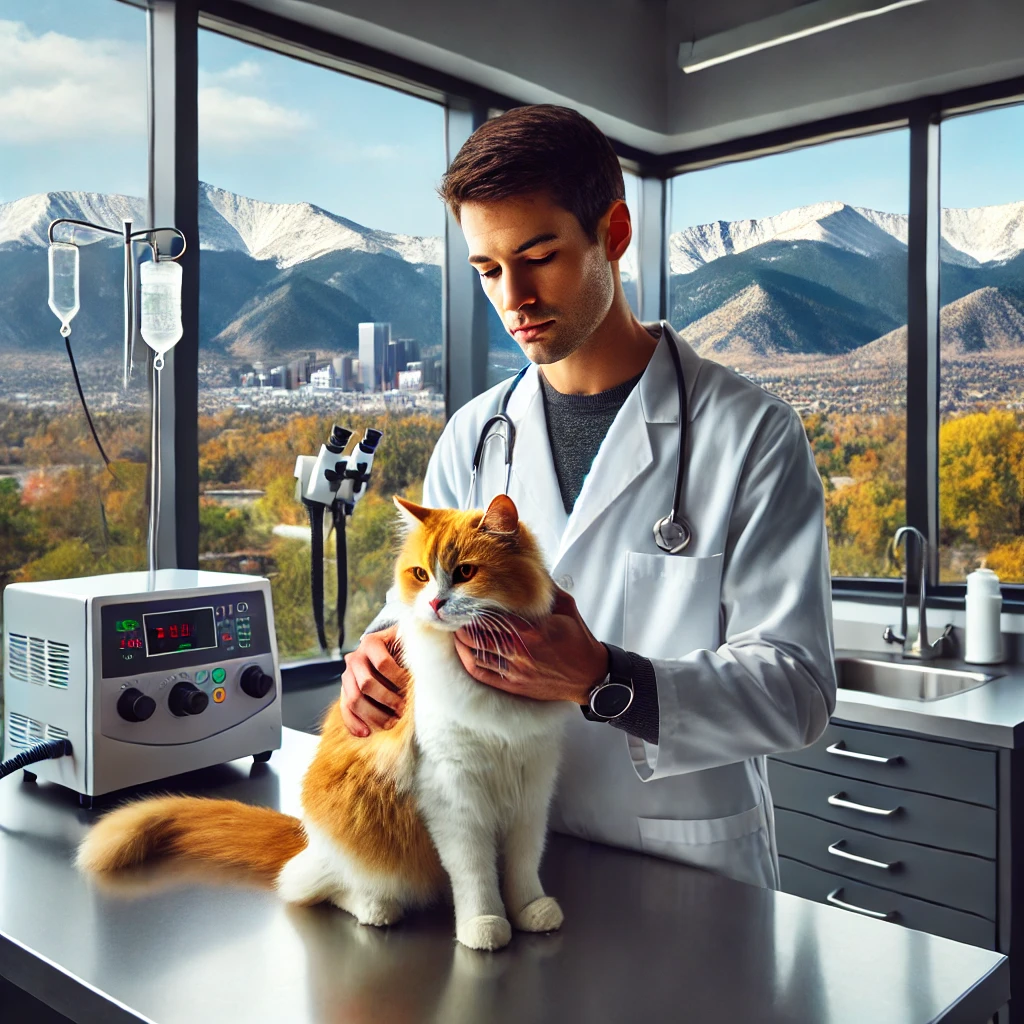 A veterinarian attending to a cat in a clinic with views of the Rocky Mountains in Denver, Colorado. The veterinarian is wearing a white coat and the