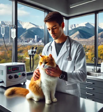 A veterinarian attending to a cat in a clinic with views of the Rocky Mountains in Denver, Colorado. The veterinarian is wearing a white coat and the