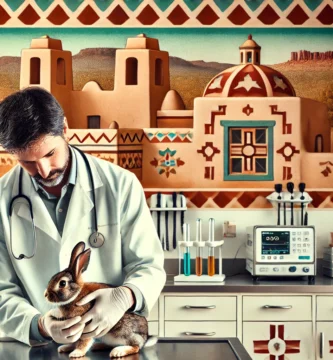 A veterinarian examining a rabbit in a clinic in Albuquerque, New Mexico. The clinic has a southwestern style with elements reflecting the local cultu