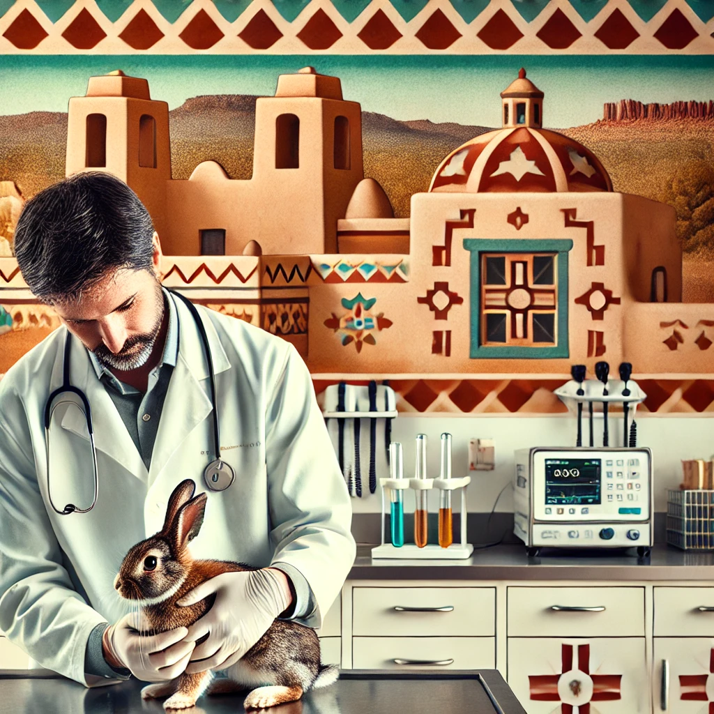 A veterinarian examining a rabbit in a clinic in Albuquerque, New Mexico. The clinic has a southwestern style with elements reflecting the local cultu