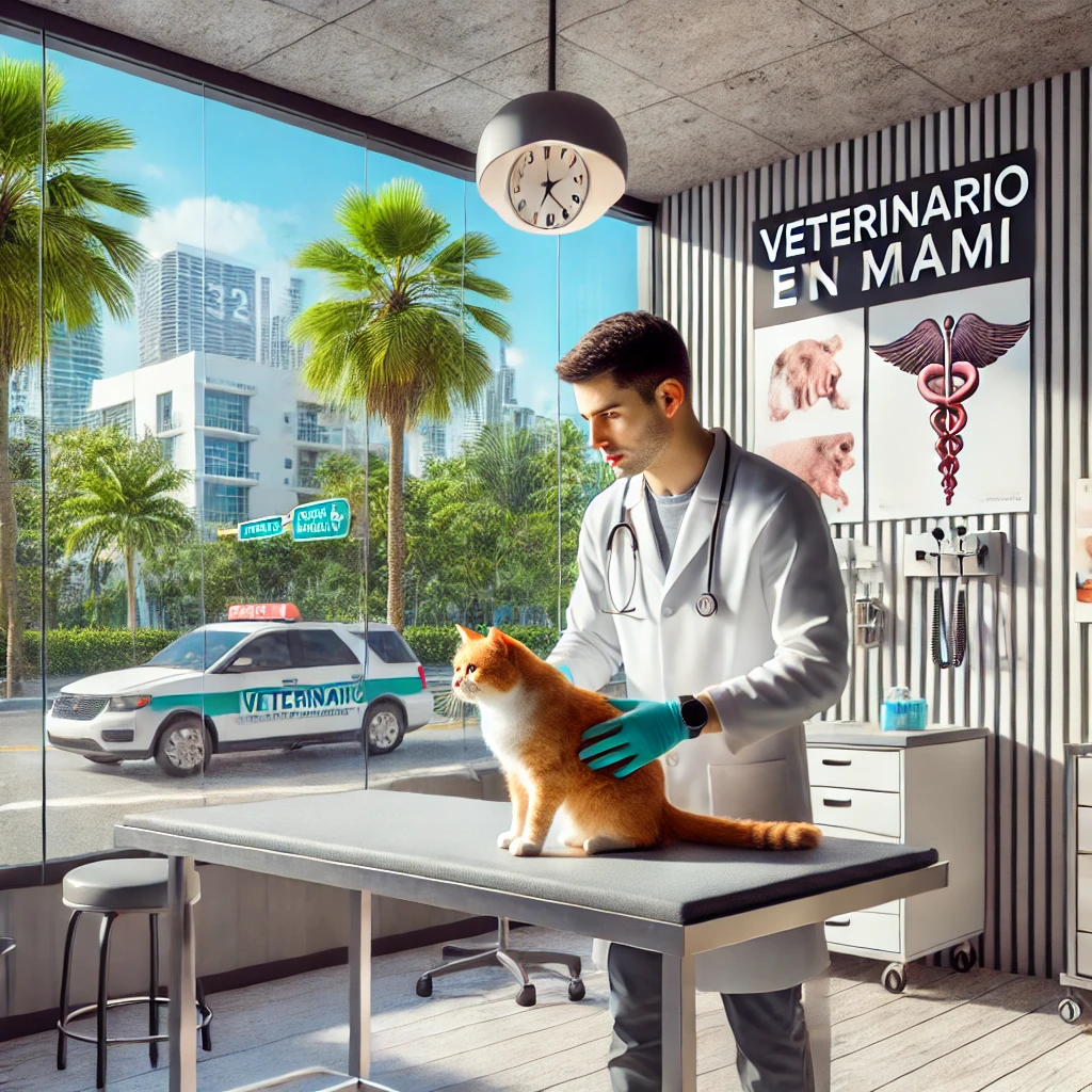 A veterinarian in a modern clinic in Miami, Florida, examining a cat on a consultation table. The clinic has a clean and bright design with animal hea