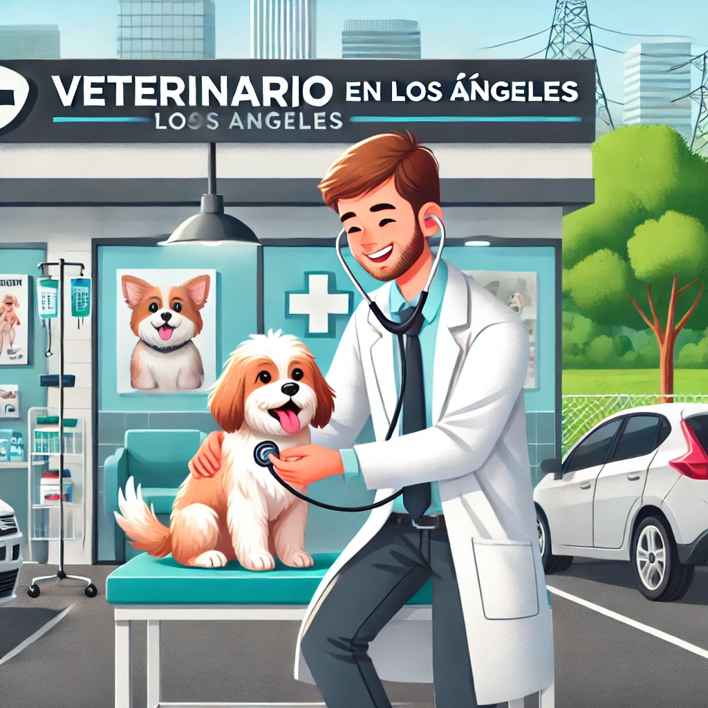 A veterinarian in a modern veterinary clinic in Los Angeles, California, attending to a happy dog. The clinic has a welcoming atmosphere with animal h