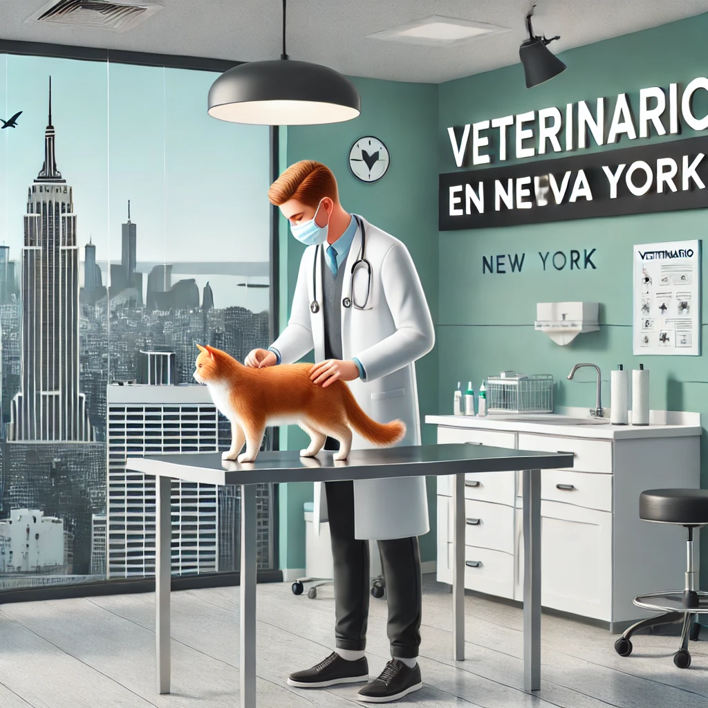 A veterinarian in a veterinary clinic in New York City, performing an examination on a cat on a consultation table. The clinic is well-equipped and ha