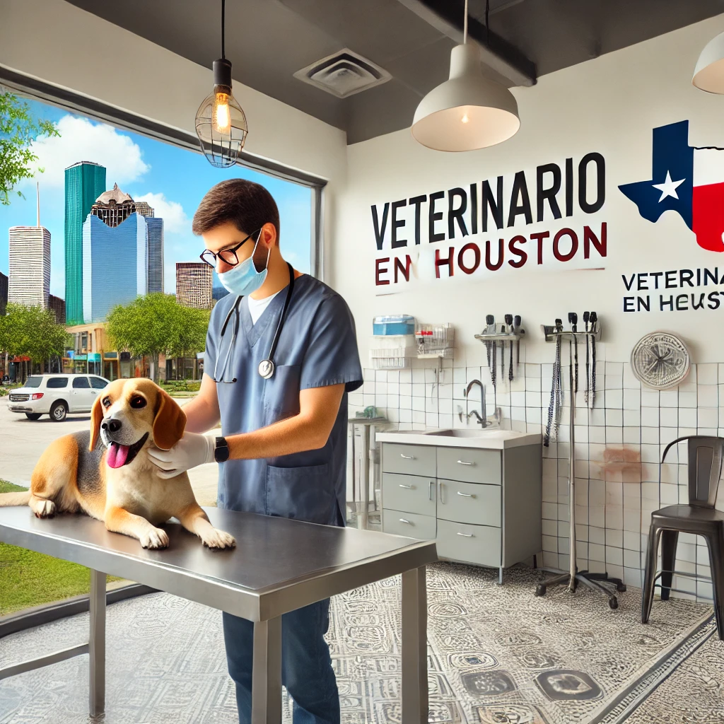 A veterinarian in a well-equipped clinic in Houston, Texas, attending to a dog on a consultation table. The clinic has a professional and welcoming at