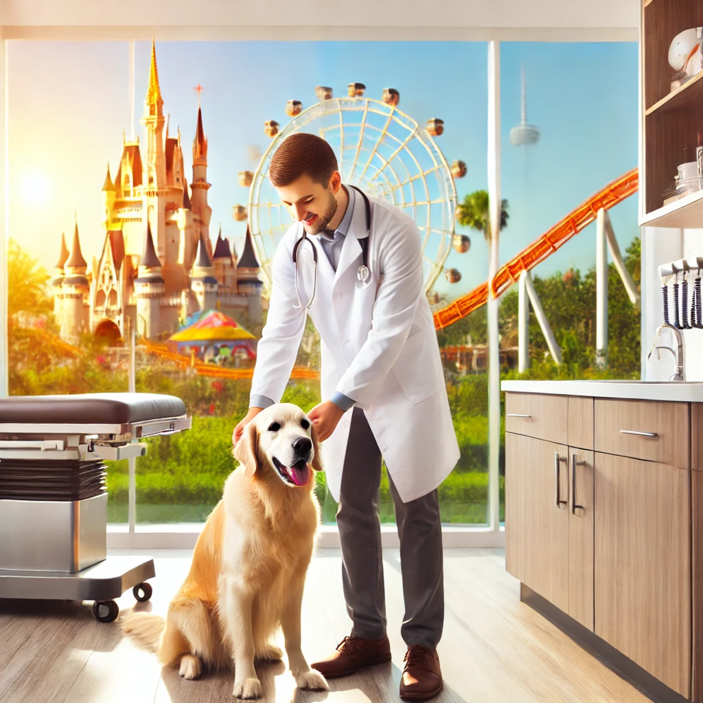 A veterinarian taking care of a dog in a clinic in Orlando, Florida, with sunny weather and theme parks in the background. The veterinarian is wearing