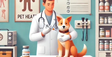 A veterinary clinic scene with a veterinarian administering a vaccine to a calm dog, highlighting the vaccination process.