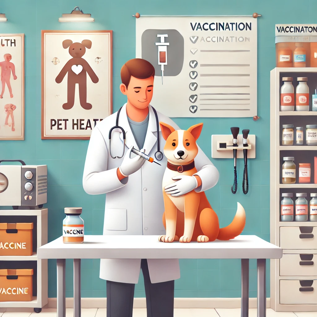 A veterinary clinic scene with a veterinarian administering a vaccine to a calm dog, highlighting the vaccination process.