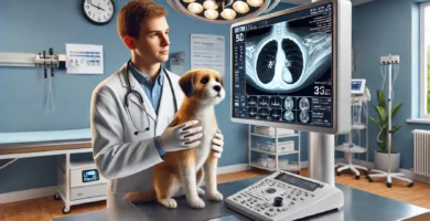 realistic photograph of a veterinary clinic with a pet (dog or cat)